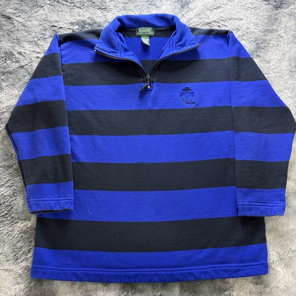Lauren Ralph Lauren 1/4 Zip Striped Sweater Blue Black Anchor Logo Size M
